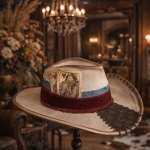 Custom made  Beige Cowboy Hat with Playing Card Design